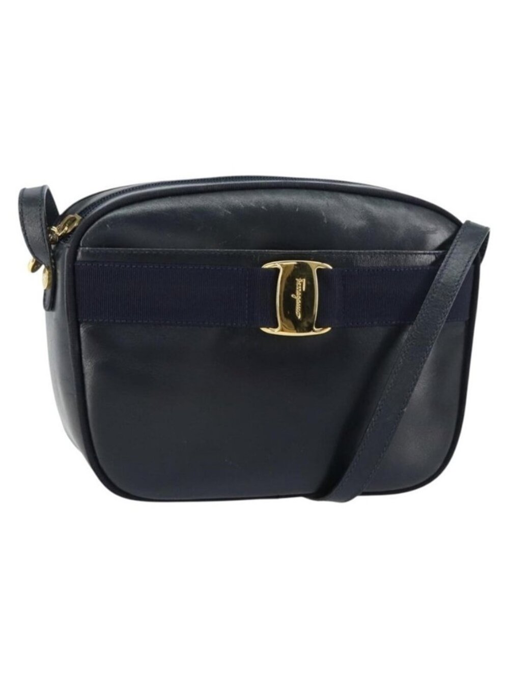 Authentic Salvatore Ferragamo Vala Shoulder Bag Leather Navy Gold